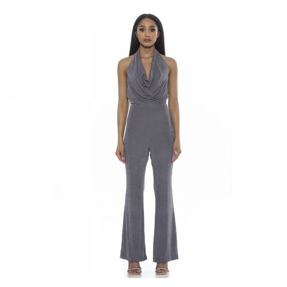 NWT Alexia Admor Leilani Draped Halter Neck Flared Jumpsuit Silver Gray XS